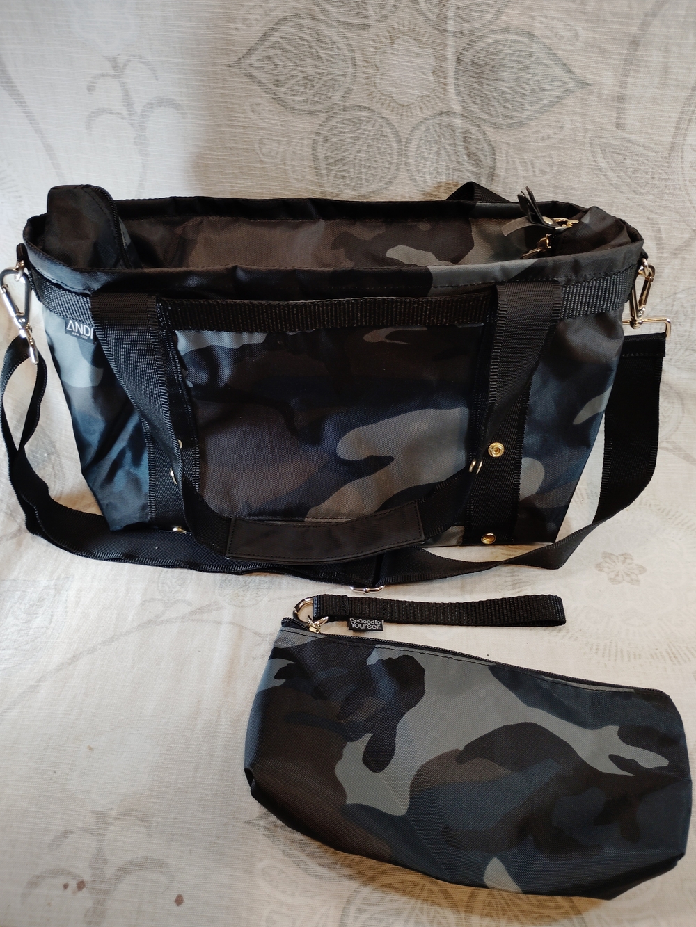 Andi Black & Gray Camo Crossbody Tote with Matching Pouch/Clutch